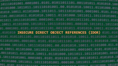 Siber saldırı doğrudan nesne referansları (idor). İncinebilirlik metni ikili sistem ascii sanat tarzında, kod düzenleyici ekranda. İngilizce metin, İngilizce metin