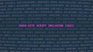 Siber saldırı senaryosu (xssi). İncinebilirlik metni ikili sistem ascii sanat tarzında, kod düzenleyici ekranda. İngilizce metin, İngilizce metin