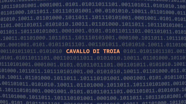 Cyber attack. Translation: trojan horse. Vulnerability text in binary system ascii art style, code on editor screen.,Italian language,text in Italian