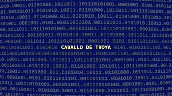Cyber attack. Translation: tojan horse. Vulnerability text in binary system ascii art style, code on editor screen.,Spanish language,text in Spanish