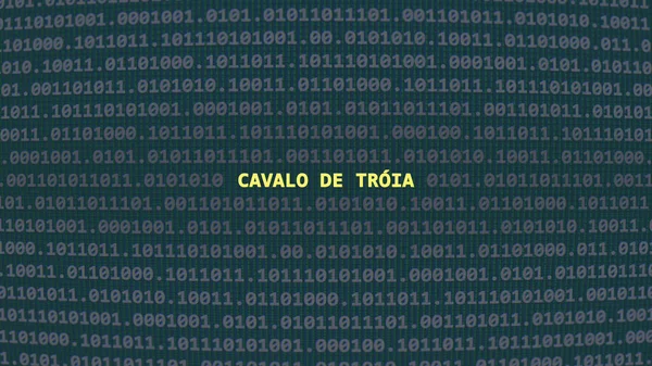 Cyber attack. Translation: trojan horse. Vulnerability text in binary system ascii art style, code on editor screen.,Portuguese language,text in Portuguese