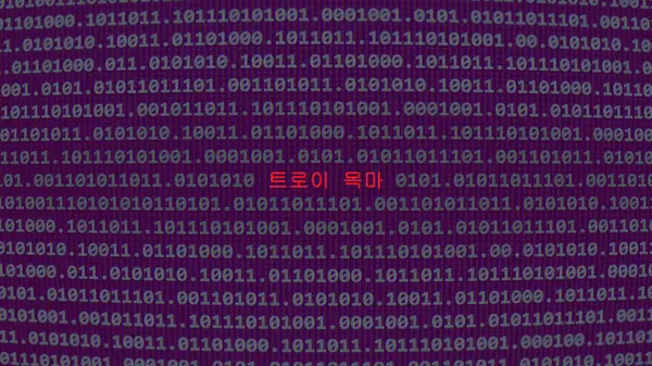 Cyber attack. Translation: trojan horse. Vulnerability text in binary system ascii art style, code on editor screen.,Korean language,text in Korean