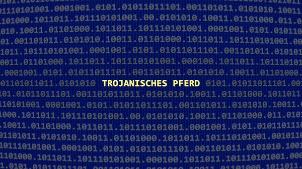 Cyber attack. Translation: trojan horse. Vulnerability text in binary system ascii art style, code on editor screen.,German language,text in German