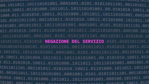 Cyber attack. Translation: denial of service. Vulnerability text in binary system ascii art style, code on editor screen.,Italian language,text in Italian