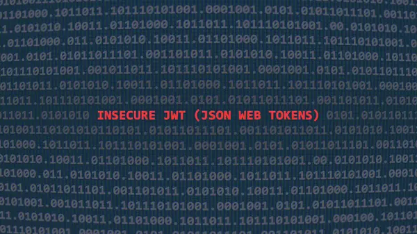 Siber saldırı güvensiz jwt (json web jetonları). İncinebilirlik metni ikili sistem ascii sanat tarzında, kod düzenleyici ekranda. İngilizce metin, İngilizce metin