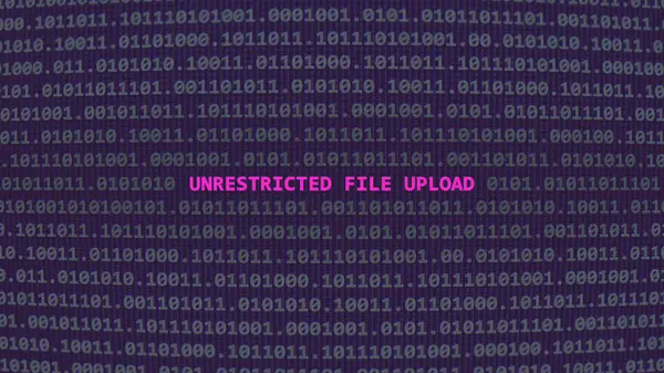 Siber saldırı sınırsız dosya yükleme. İncinebilirlik metni ikili sistem ascii sanat tarzında, kod düzenleyici ekranda. İngilizce metin, İngilizce metin
