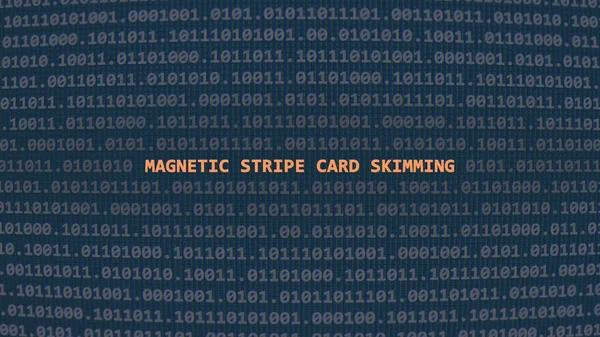 Cyber attack magnetic stripe card skimming. Vulnerability text in binary system ascii art style, code on editor screen. Text in English, English text