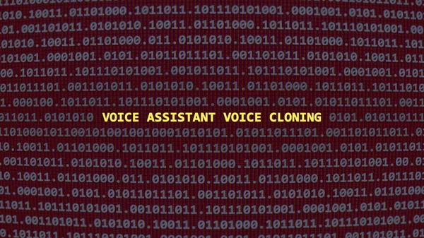 Cyber attack voice assistant voice cloning. Vulnerability text in binary system ascii art style, code on editor screen. Text in English, English text