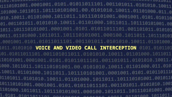 Cyber attack voice and video call interception. Vulnerability text in binary system ascii art style, code on editor screen. Text in English, English text
