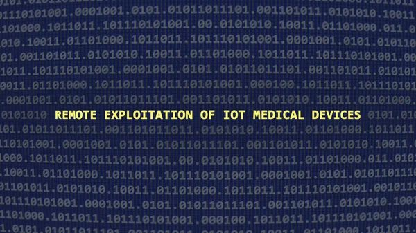 Cyber attack remote exploitation of iot medical devices. Vulnerability text in binary system ascii art style, code on editor screen. Text in English, English text