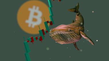Bitcoin 'in en büyük cüzdan balinasının 3 boyutlu çizimi. Şifreli değiş tokuş yapan bir balinanın 3D görüntülemesi.