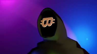 Satoshi Nakamoto takma adı olan isimsiz bir bitcoin yaratıcısının 3 boyutlu çizimi. Bitcoin şekilli gözlüklü isimsiz kişi Satoshi Nakamoto..