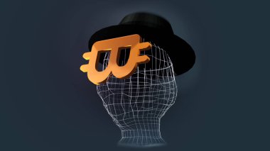 Satoshi Nakamoto takma adı olan isimsiz bir bitcoin yaratıcısının 3 boyutlu çizimi. Bitcoin şekilli gözlüklü isimsiz kişi Satoshi Nakamoto..