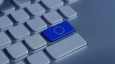 Avrupa Birliği bayrağının renklerinde klavyede bir anahtar, uzun dikdörtgen panoramik biçim, beyaz metin için boşluk.