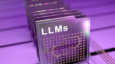 Mikro teknolojik birimlerdeki dijital dizinler, ön planda bir iletişim simgesine sahip LLM (büyük dil modelleri) başlıklı bir dizin.