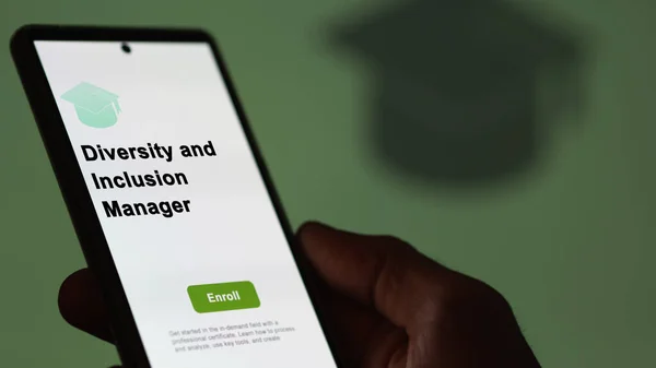 A student enrolls in courses to study diversity and inclusion manager program, learn new skill and pass certification, on a phone. Text in English, English text.