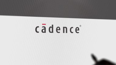 Cadence Tasarım Sistemleri 'nin logosu beyaz bir ekranda. Cadence Design Systems damgası bir aygıt üzerinde.