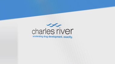 The logo of Charles River Laboratories on a white wall of screens. Charles River Laboratories brand on a device. clipart