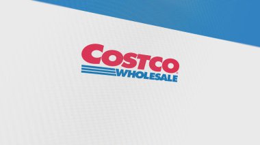 07 Eylül 2023 Issaquah, Washington. Beyaz ekranlı bir duvarda Costco logosu. Bir aygıtta Costco markası.