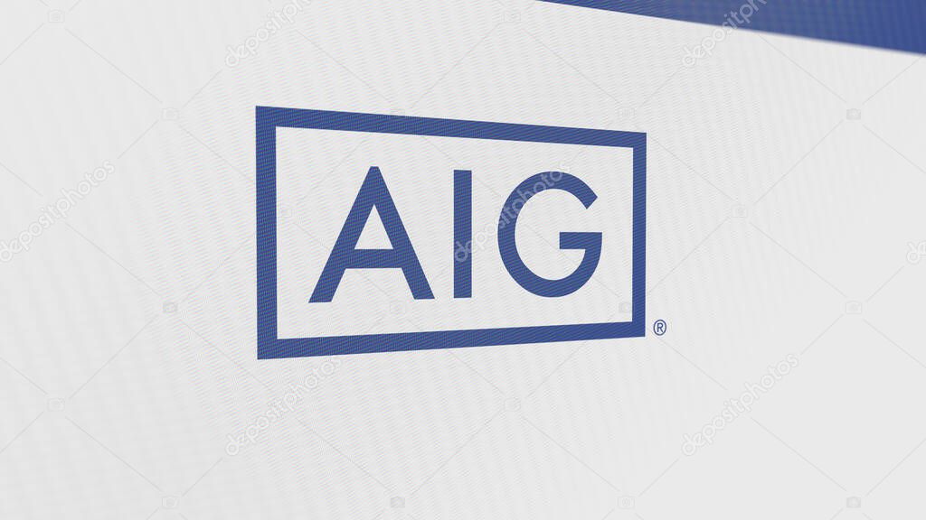 The logo of American International Group on a white wall of screens. American International Group brand on a device.