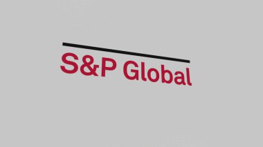 S & P Global logosu beyaz ekran duvarında. S & P Global bir aygıt üzerine damga.