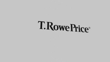 The logo of T. Rowe Price on a white wall of screens. T  Rowe Price brand on a device. clipart