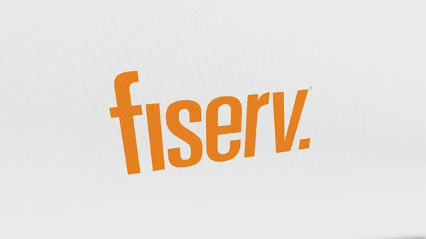 stock image The logo of Fiserv on a white wall of screens. Fiserv brand on a device.