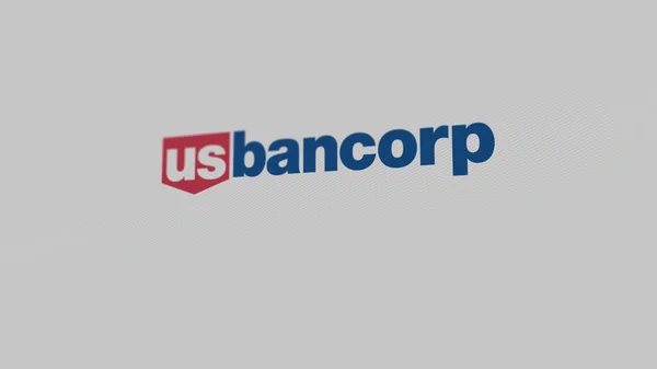 stock image The logo of U.S. Bank on a white wall of screens. U S bancorp brand on a device.