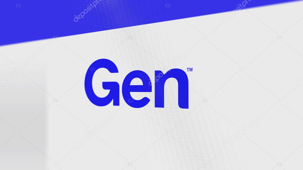 The logo of Gen Digital on a white wall of screens. Gen Digital brand on a device.