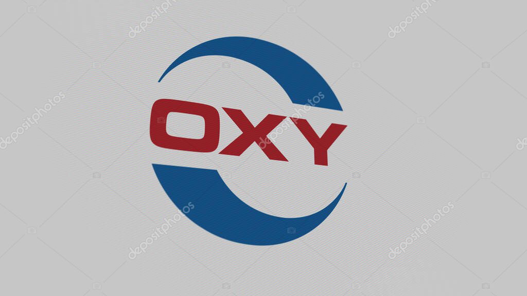 The logo of Occidental Petroleum on a white wall of screens. Occidental Petroleum brand on a device.