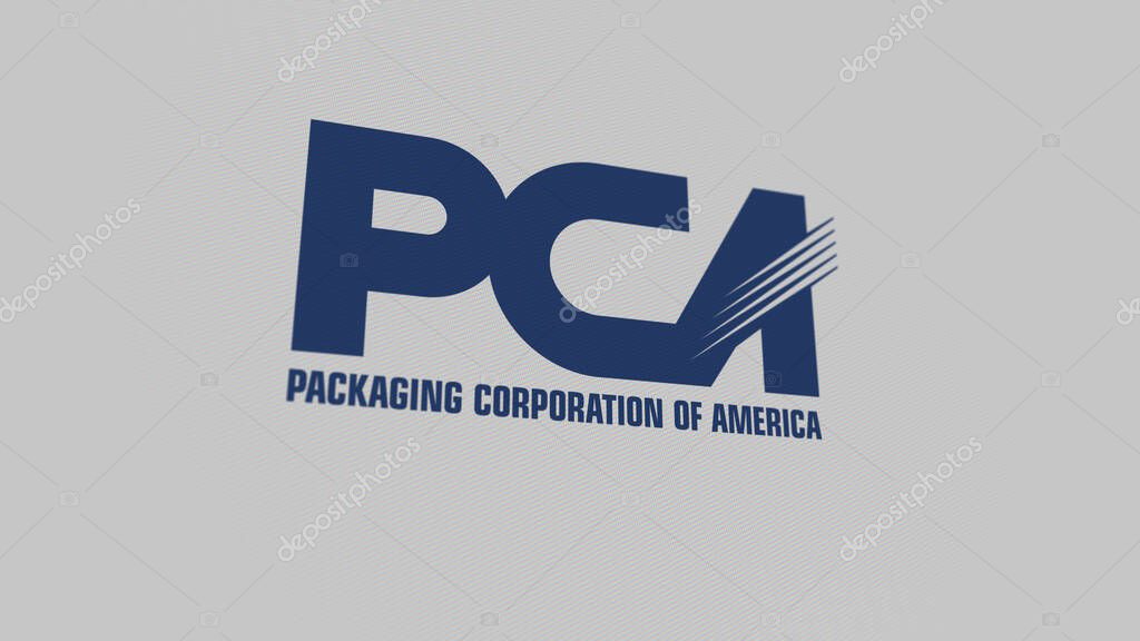 The logo of Packaging Corporation of America on a white wall of screens. Packaging Corporation of America brand on a device.