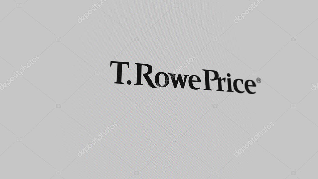 The logo of T. Rowe Price on a white wall of screens. T  Rowe Price brand on a device.