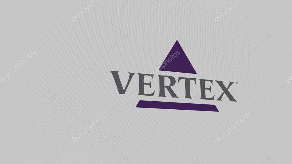 The logo of Vertex Pharmaceuticals on a white wall of screens. Vertex Pharmaceuticals brand on a device.
