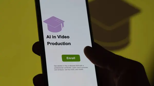A student enrolls in courses to study ai in video production program, learn new skill and pass certification, on a phone.