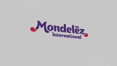 Mondelez International 'ın logosu beyaz ekranlardan oluşan bir duvarda. Mondelez International markası bir aygıt üzerinde.