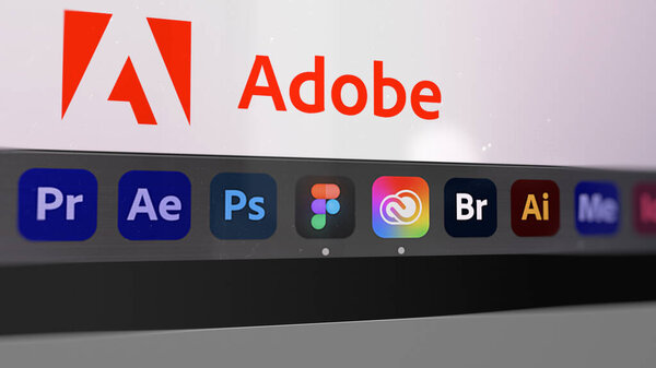 The Figma icon with the icons of Adobe Creative Suite. Adobe company buy figma software, design tools, graphic tools, UI tools, Adobe tools, logo Figma, logo Adobe.