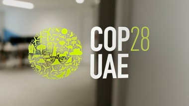 Expo City Dubai, United Arab Emirates cop28. The logo of COP28 UAE on a window of administration office, cop 28.