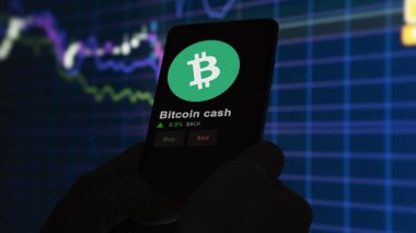 24 Kasım 2023. Telefondaki Bitcoin 'in fiyatını analiz eden bir yatırımcı. Kripto takası için kullanılan bozuk para..