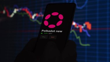 24 Kasım 2023. Telefondaki yeni polkadot fiyatını analiz eden bir yatırımcı. Kripto takası için DOT dolar..