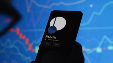 24 Kasım 2023. Telefondaki Pendle 'ın fiyatını analiz eden bir yatırımcı. Kripto değiş tokuşunda bozuk para..