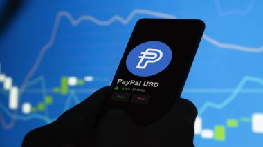 24 Kasım 2023. Bir yatırımcı telefondaki PayPal USD 'nin fiyatını analiz ediyor. Şifreli bir değiş tokuş için PYUSD dolar..