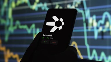 24 Kasım 2023. Telefondaki quant 'ın fiyatını analiz eden bir yatırımcı. Şifreli bir değiş tokuş için QNT dolar..
