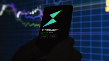 24 Kasım 2023. THORChain 'in bir telefondaki fiyatını analiz eden bir yatırımcı. Şifreli bir değiş tokuş için kullanılan bozuk para..