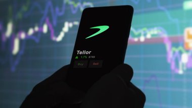 24 Kasım 2023. Telefondaki Tellor 'ın fiyatını analiz eden bir yatırımcı. Kripto takası için TRB $..