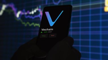 24 Kasım 2023. Telefondaki Vechain 'in fiyatını analiz eden bir yatırımcı. Kripto değiş tokuşunda Veteriner jetonu..