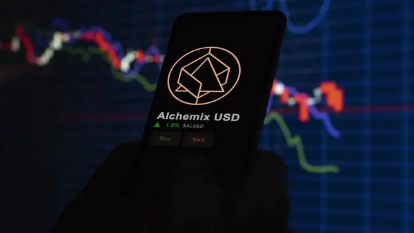 stock image November 24th 2023. An investor analyzing the price of Alchemix USD on a phone, the token coin $ALUSD on a crypto exchange sreen.