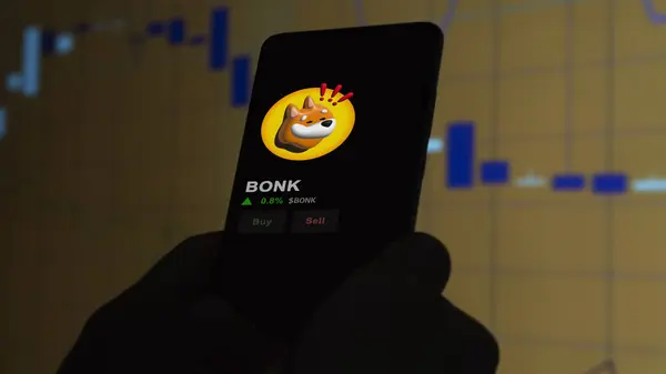 24 Kasım 2023. BONK 'un bir telefondaki fiyatını analiz eden bir yatırımcı. Kripto takası için BONK $BONK..