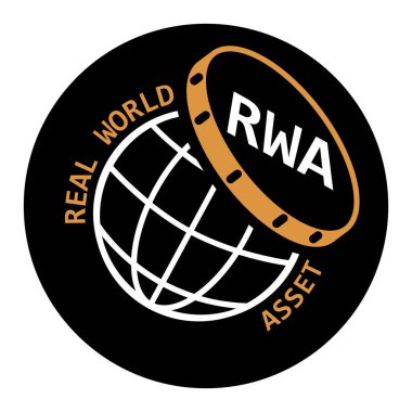REAL WORLD ASSET icon, RWA acronym crypto, tokenized real world asset token illustration. Text version. RW asset, dark theme, black background. clipart