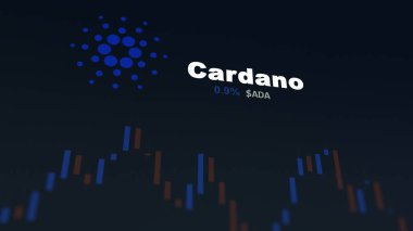 5 Aralık 2023. Telefondaki Cardano 'nun fiyatını analiz eden bir yatırımcı. Kripto değiş tokuşunda ADA' ya ait bozuk para..