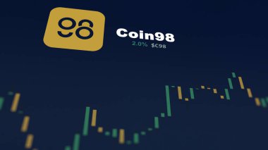5 Aralık 2023. Telefondaki Coin98 'in fiyatını analiz eden bir yatırımcı. Kripto takası için C98 dolar..
